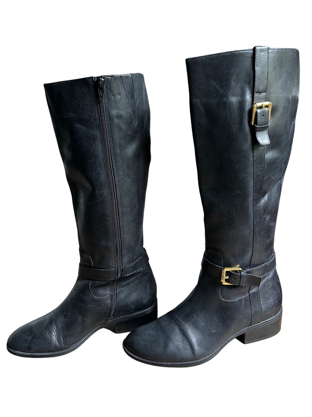 Ralph Lauren Black Leather Knee-High Riding Boots with Buckle